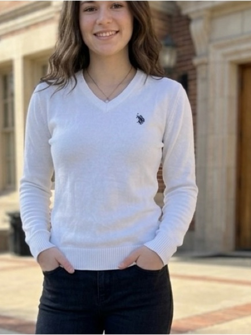 U.S. Polo Assn. Women's White V-Neck Pullover Sweater